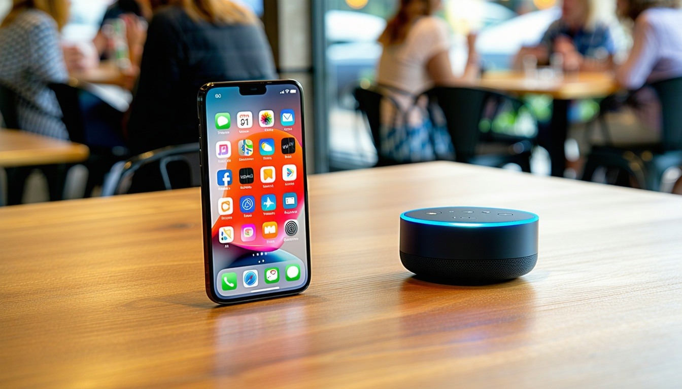 The image depicts a sleek smartphone resting on a wooden table displaying a vibrant colorful screen filled with various app icons related to voice search and mobile optimization In the background a blurred caf setting reveals people engaged in conver-1